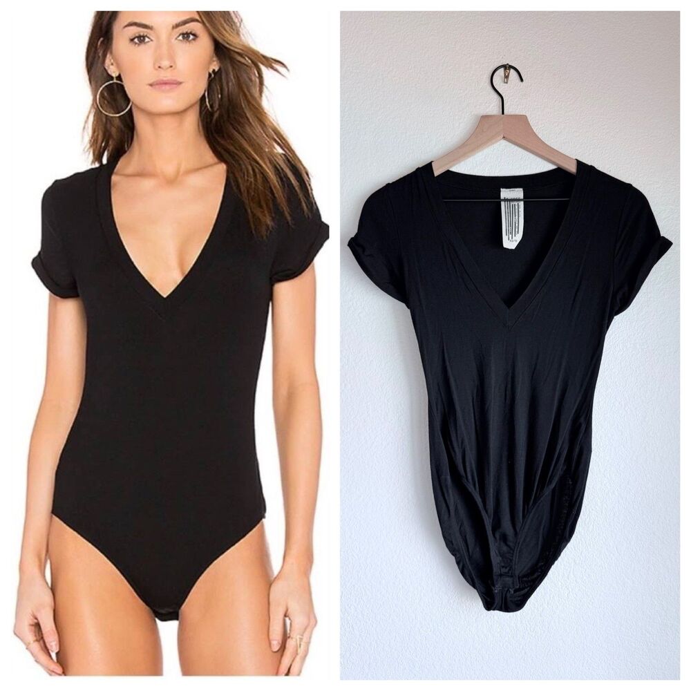 Free People Women's Oh Me Oh My V-Neck Roll Sleeve Bodysuit in Black Size XS